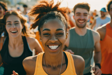 A group of people are running and smiling