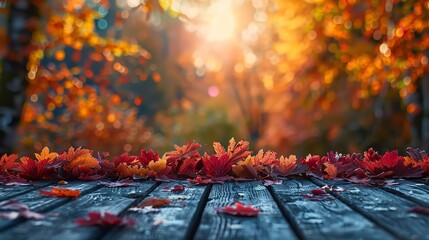 Autumnal backdrop including a wooden table and vibrant fall foliage. Generative Ai