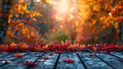 Fotobehang Autumnal backdrop including a wooden table and vibrant fall foliage. Generative Ai © Planum