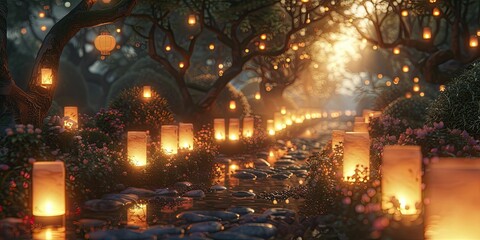 Witness the enchanting spectacle of monkeys illuminating lanterns amidst a forest, guiding a luminous trail for Buddha's Birthday celebration in a vibrant 3D animation. - obrazy, fototapety, plakaty