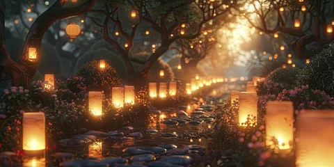 Fotobehang Witness the enchanting spectacle of monkeys illuminating lanterns amidst a forest, guiding a luminous trail for Buddha's Birthday celebration in a vibrant 3D animation. © Kanisorn