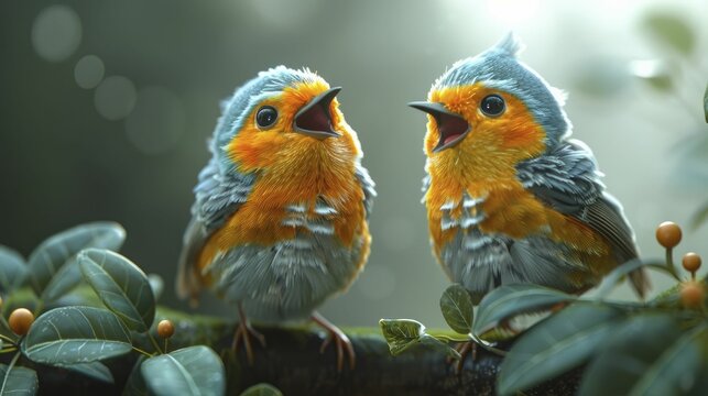 Nightingales singing soothing melodies under the moonlight, celebrating Buddha's Birthday in a 3D cartoon illustration.