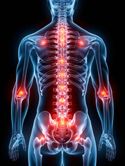 Spine and Joint Pain Visualization in Human Anatomy, anatomical joints, illuminated areas signifying inflammation discomfort, medical education Back radiating backache physiology sciatica chiropractic