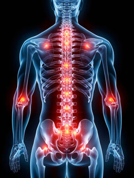 Spine and Joint Pain Visualization in Human Anatomy, anatomical joints, illuminated areas signifying inflammation discomfort, medical education Back radiating backache physiology sciatica chiropractic