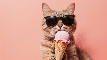 Closeup of cat with sunglasses, eating ice cream in cone, isolated on apricote background