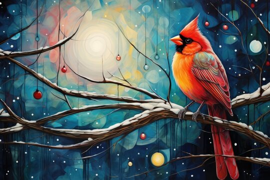 Cardinal on a branch, A cardinal sits on a branch with shiny lights, colorful abstract painting of a cardinal on a branch