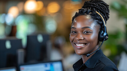 Smiling black young call center employee working during daytime at office desk. 