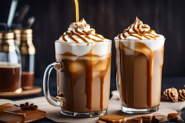 Iced caramel latte topped with whipped cream and caramel sauce, refreshing and sweet coffee drink, 3D rendering, photorealistic, 8K, food photography