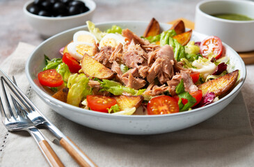 Fresh tuna salad on a plate. Healthy and healthy lunch and dinner.