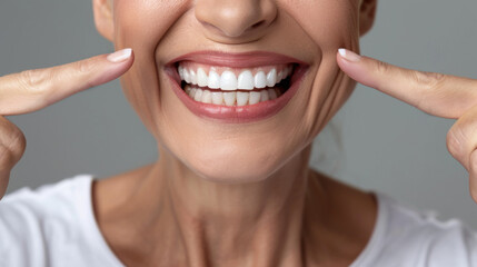 Closeup of a smiling woman pointing at her teeth.