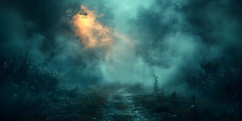A dark eerie fog covers the ground creating a spooky atmosphere in a mysterious setting. Concept Mysterious Setting, Eerie Fog, Spooky Atmosphere, Dark Aesthetics, Enigmatic Landscape - obrazy, fototapety, plakaty