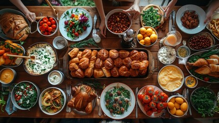 Top view of a bountiful traditional Easter dinner table..