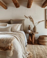 A modern boho bedroom with wood beams, natural textures and earthy tones. The bed is made of white...