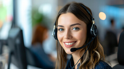 Smiling white young call center employee working during daytime at office desk. 