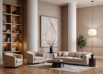 Modern villa living room design interior, beige furniture, bright walls, hardwood flooring, sofa, armchair with lamp. Concept of relax