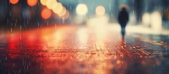 A person is strolling on a rainsoaked street, the wet asphalt reflecting the ambient lights creating tints and shades on the road surface - Powered by Adobe