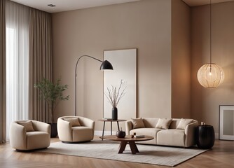 Modern villa living room design interior, beige furniture, bright walls, hardwood flooring, sofa, armchair with lamp. Concept of relax
