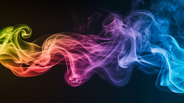 Vibrant smoke in rainbow hues creates abstract shapes against a dark background.