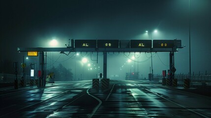 Empty checkpoint gate at toll road in smokey night - obrazy, fototapety, plakaty