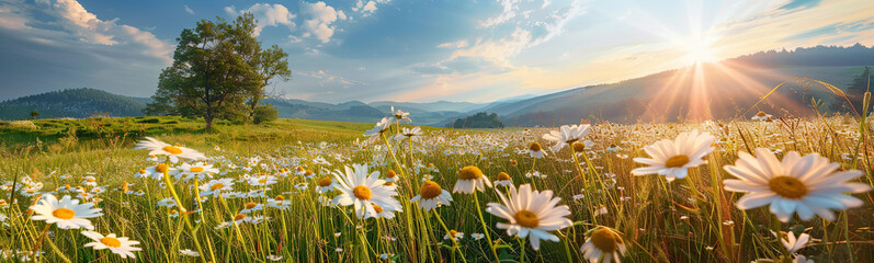 Beautiful spring and summer natural panoramic pastoral landscape with blooming field of daisies in the grass in the hilly countryside