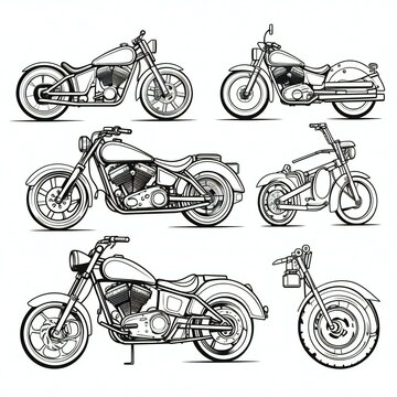 set of motor cycle black outline white illustration