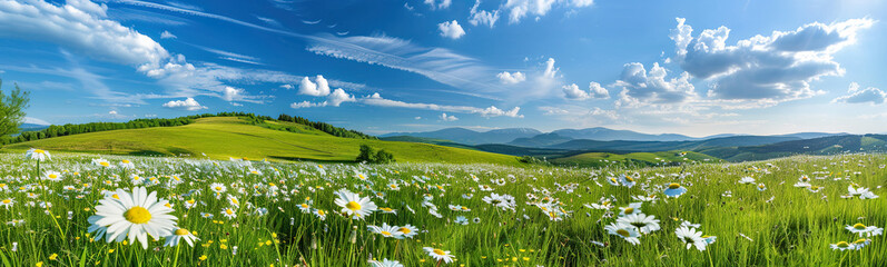 Beautiful spring and summer natural panoramic pastoral landscape with blooming field of daisies in the grass in the hilly countryside