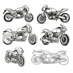 set of motor cycle black outline white illustration