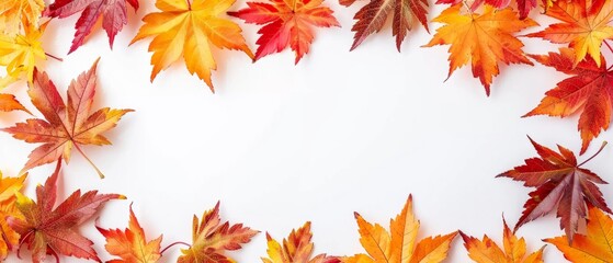 Naklejka na ściany i meble Autumnal colorful maple leaves border on white background with copy space, wide banner for fall season concept Generative AI