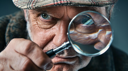 A focused elderly man, resembling a detective, peers through a magnifying glass, with intense eyes and a curious expression.