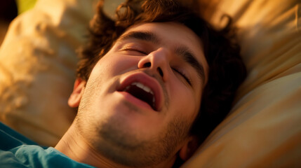 A close-up portrait of a young man, comfortably snoring in deep sleep, mouth open and completely relaxed.