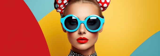 A retro-inspired woman portrait with a bold color scheme for a funky fashion accessory banner 