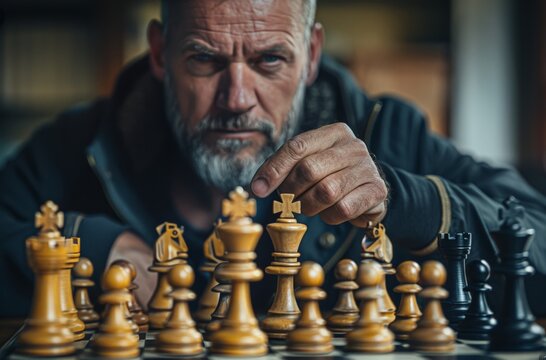 An intense mature man focusing on a chess game, epitomizing strategic thinking and concentration