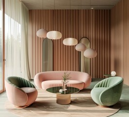 A modern interior design with pastel pink and green furniture, featuring an oval sofa in light peach, circular coffee table, and mint armchair