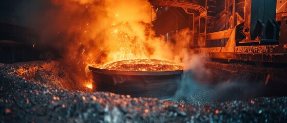 Sparks fly as molten steel is processed in an industrial environment, highlighting the heat and energy of metalwork.