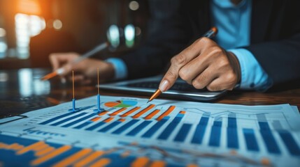 analysis working with the latest financial results. Analysis of sales forecast graphs, financial accounting with hand writing Abstract digital effect for background