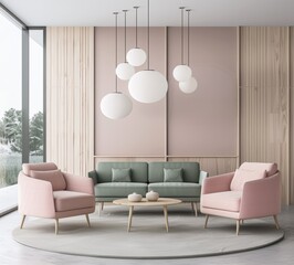 A modern interior design with pastel pink and green furniture, featuring a sofa in the center of an empty room