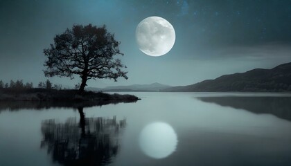Fototapeta na wymiar a calm lake at night, silver moonlight, a silhouette of a lonely tree, a big silver moon, hyperrealistic, no clouds