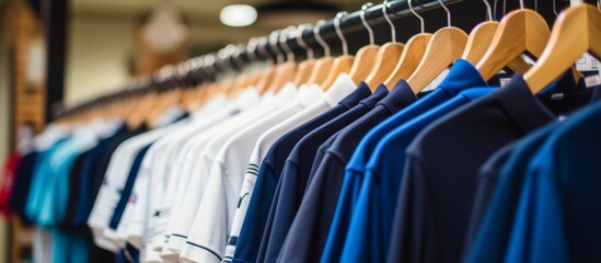 A display of sportswear shirts in electric blue hues, hung on clothes hangers, showcasing fashion design at a store event. The denim pieces add an artistic touch to the recreationthemed collection