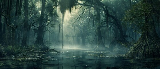 Mysterious foggy swamp with ancient trees, their branches hanging low, reflecting in the calm water under the eerie light. - obrazy, fototapety, plakaty