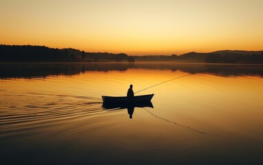 A serene scene of a person fishing from a boat during a golden sunset, casting reflections on the calm water.