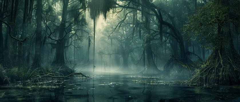 Mysterious foggy swamp with ancient trees, their branches hanging low, reflecting in the calm water under the eerie light.