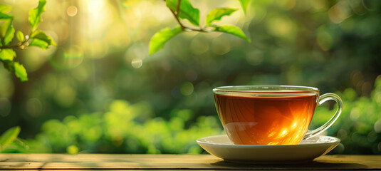 A charming drink of herbal tea among green beauty - obrazy, fototapety, plakaty