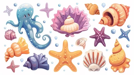 Crédence de cuisine en verre imprimé Vie marine Colorful sea shell and conch collection, vector cartoons, alongside cute krakens, marine life adventure