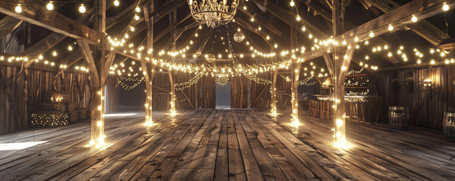 Rustic barn wedding interior, twinkling string lights and wooden beams, cozy 3D illustration