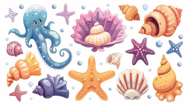 Colorful sea shell and conch collection, vector cartoons, alongside cute krakens, marine life adventure