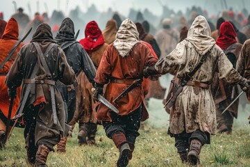 Dramatic depiction of a historic battle reenactment with participants in authentic medieval costumes and weaponry