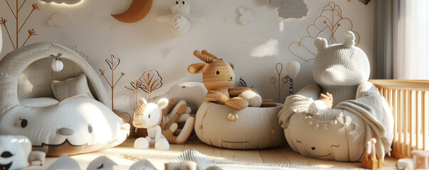 Soft, knitted baby animals in a whimsical 3D nursery setting, cozy and inviting