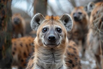 A pack of alert hyenas with distinctive spotted fur gather closely, creating a sense of unity in the wild