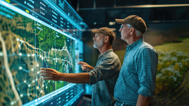 Senior Farmers Analyzing Data on High-tech Agricultural Dashboard - Powered by Adobe