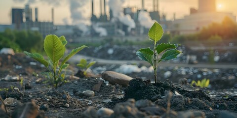A polluted environment with plastic waste and industrial activity a green plant symbolizing the impact of CO2 and climate change. Concept Pollution, Plastic Waste, Industrial Activity